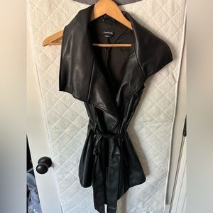 Belted vegan leather sleeveless trench vest